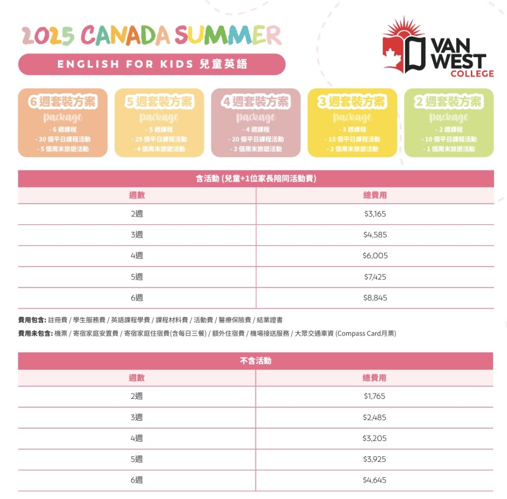 VanWest夏令營兒童夏令營團費用