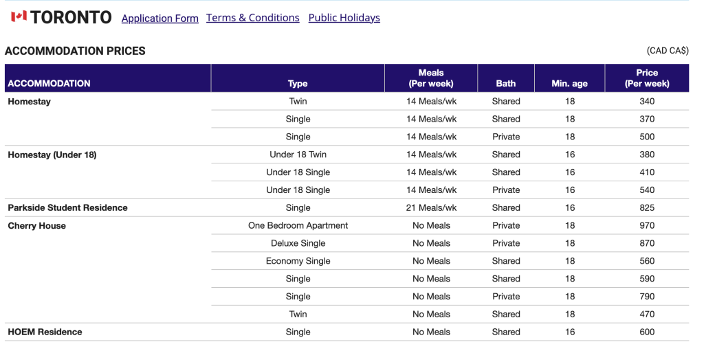 Kaplan 多倫多語言學校 -住宿價格｜WOORI 加拿大留遊學代辦