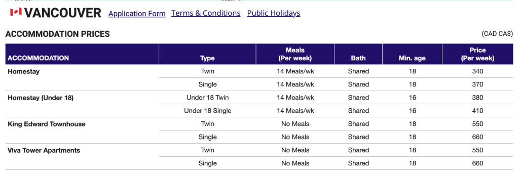 Kaplan 溫哥華語言學校-住宿價格｜WOORI 加拿大留遊學代辦