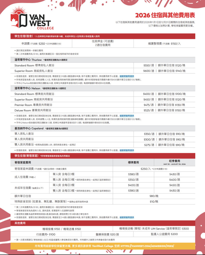 VanWest_2026_additional fee｜WOORI 加拿大留遊學代辦
