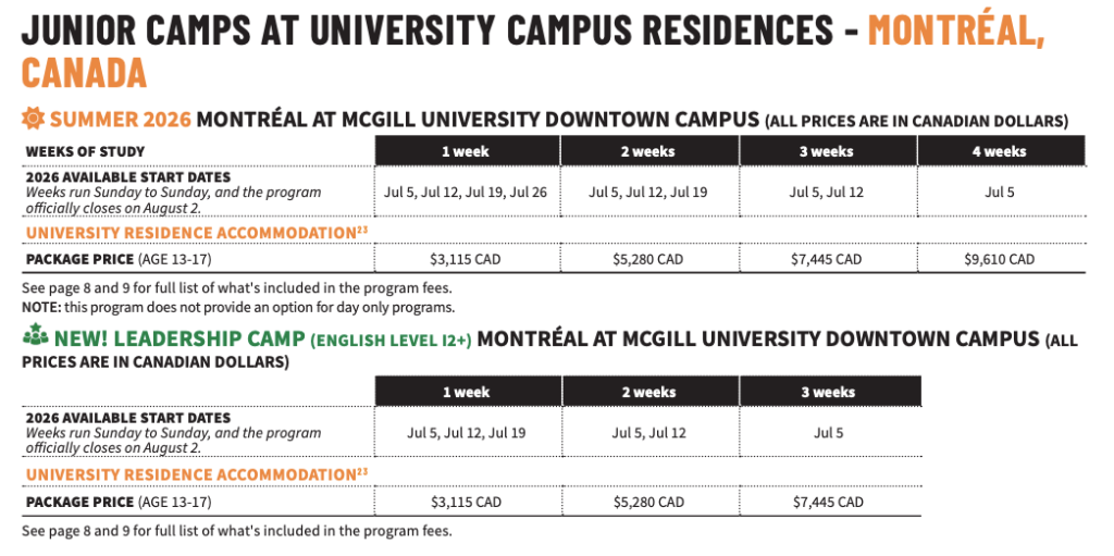 蒙特婁-McGill青少年:領導力夏令營費用