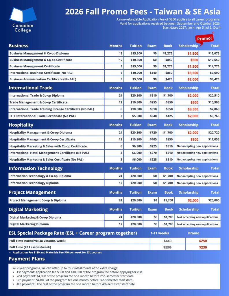 CCEL 打工留學 9月 價目表